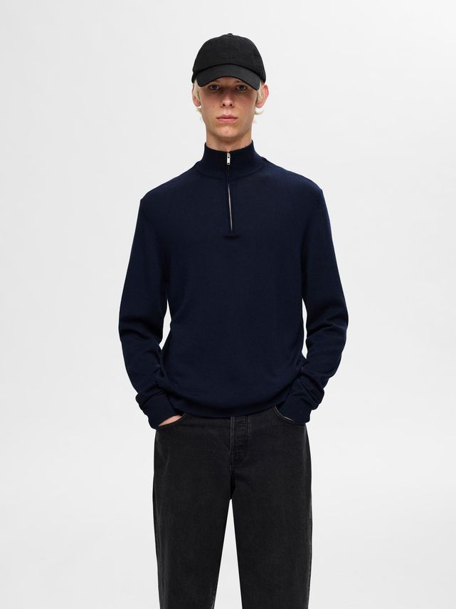Tray Ls Knit Merino Half Zip Navy Blazer