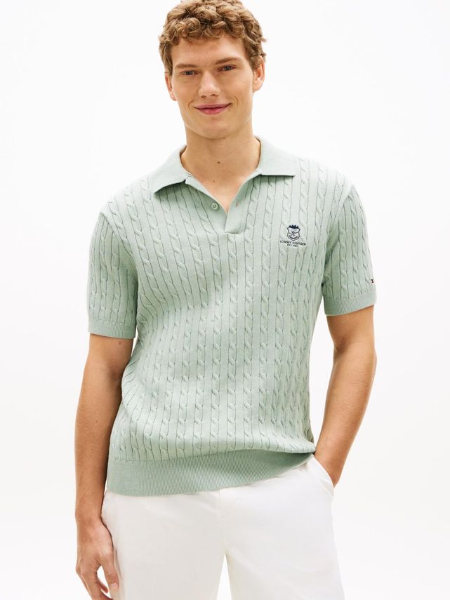 Cable Short Sleeve Polo Mint Grey