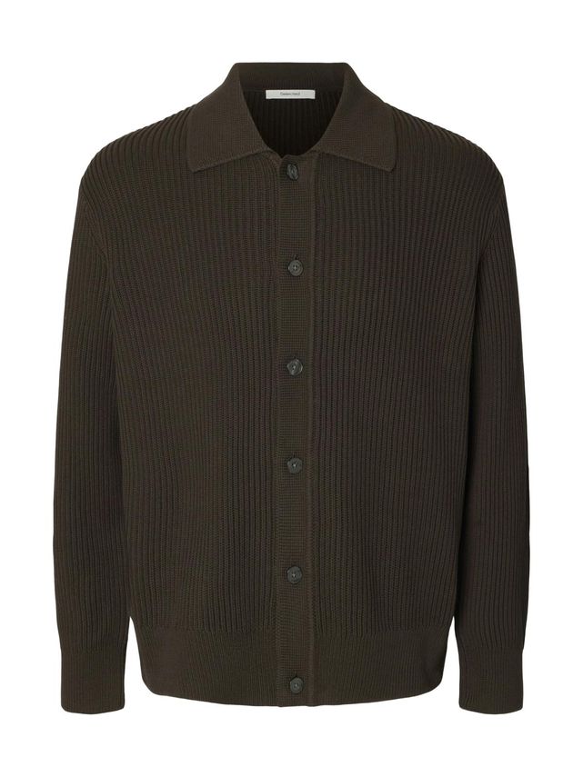 Selected "SLMDRY LS RIB" Polo Cardigan Brown