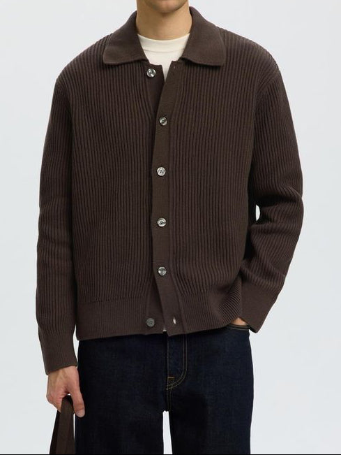 Selected "SLMDRY LS RIB" Polo Cardigan Brown