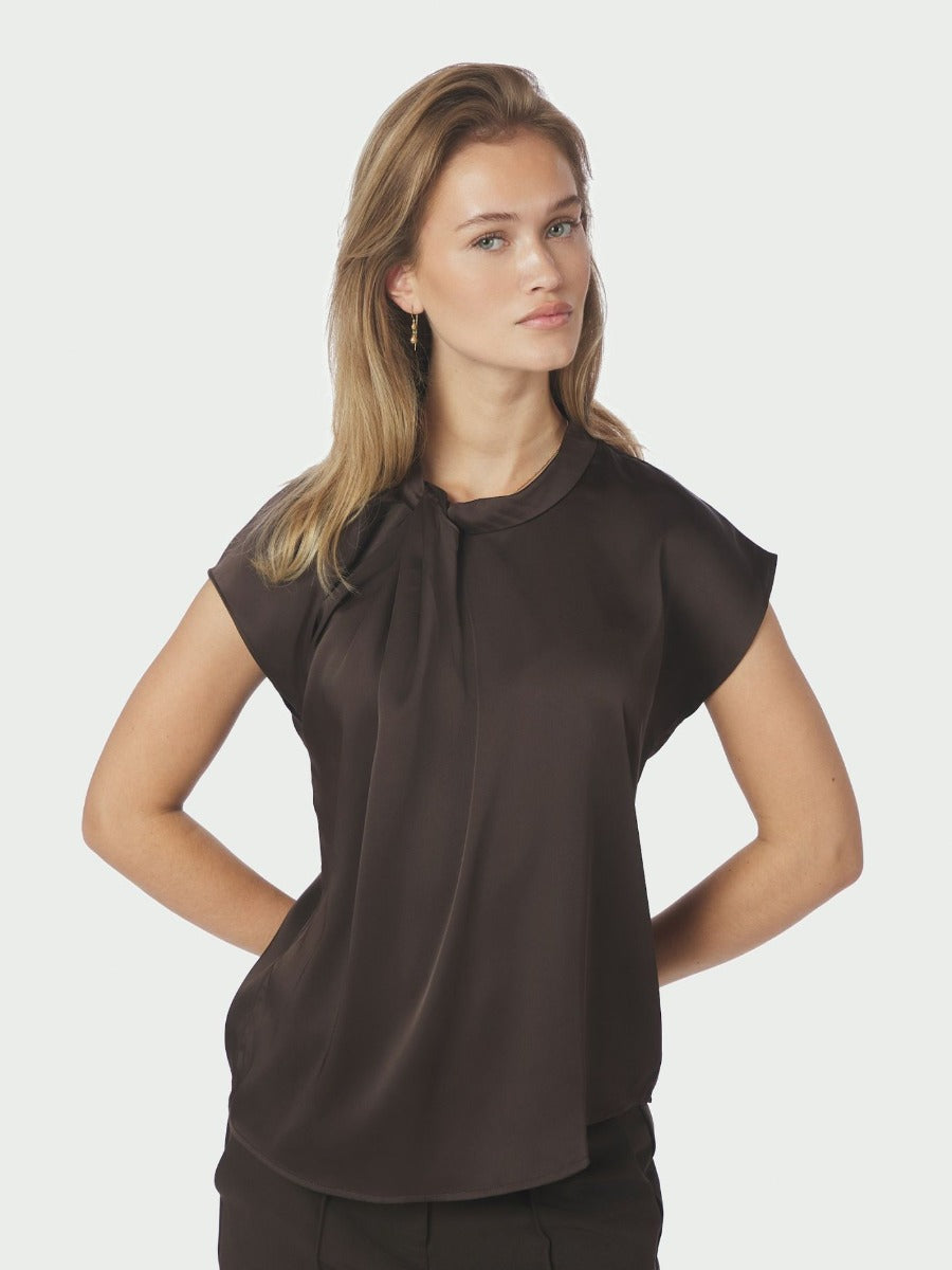 Fleur Drapy Satin Blouse -DARK BROWN