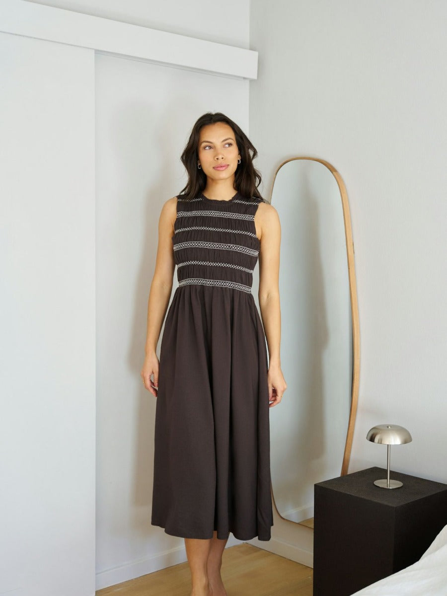 Atika Deco Smock Dress Dark Brown