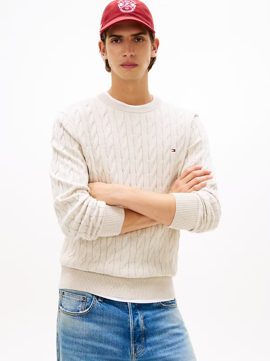 Classic Cotton Cable Crew Neck Heathered Oatmilk