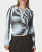 Neo Noir Fannya LS Striped Knit Polo Light Blue
