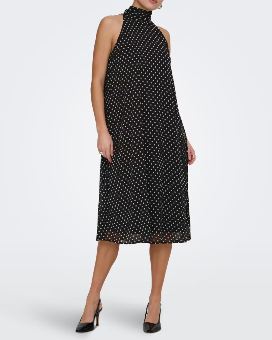 Polka S/L Halterneck Midi Dress Black/White Dots