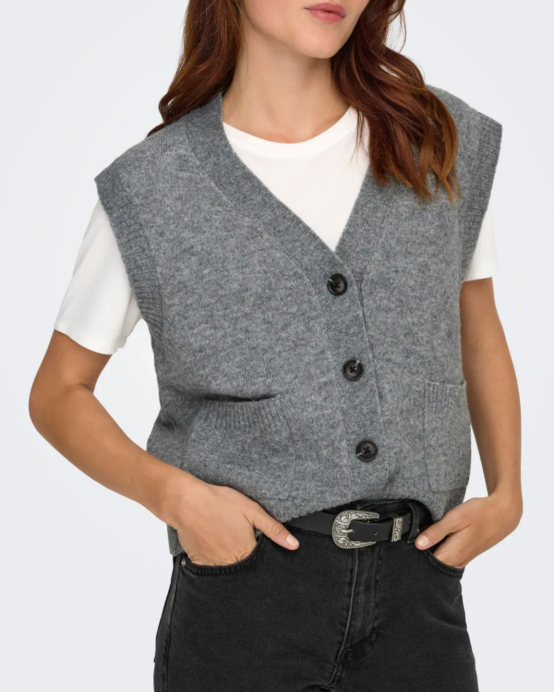 JDY Super S/L V-Neck Vest Noos Medium Grey Melange